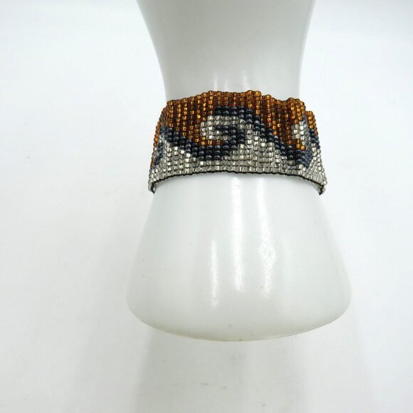 Handmade Beaded Cuff Bracelet Seed Bead Wave Pattern Amber Silver Black Boho - Picture 2 of 10